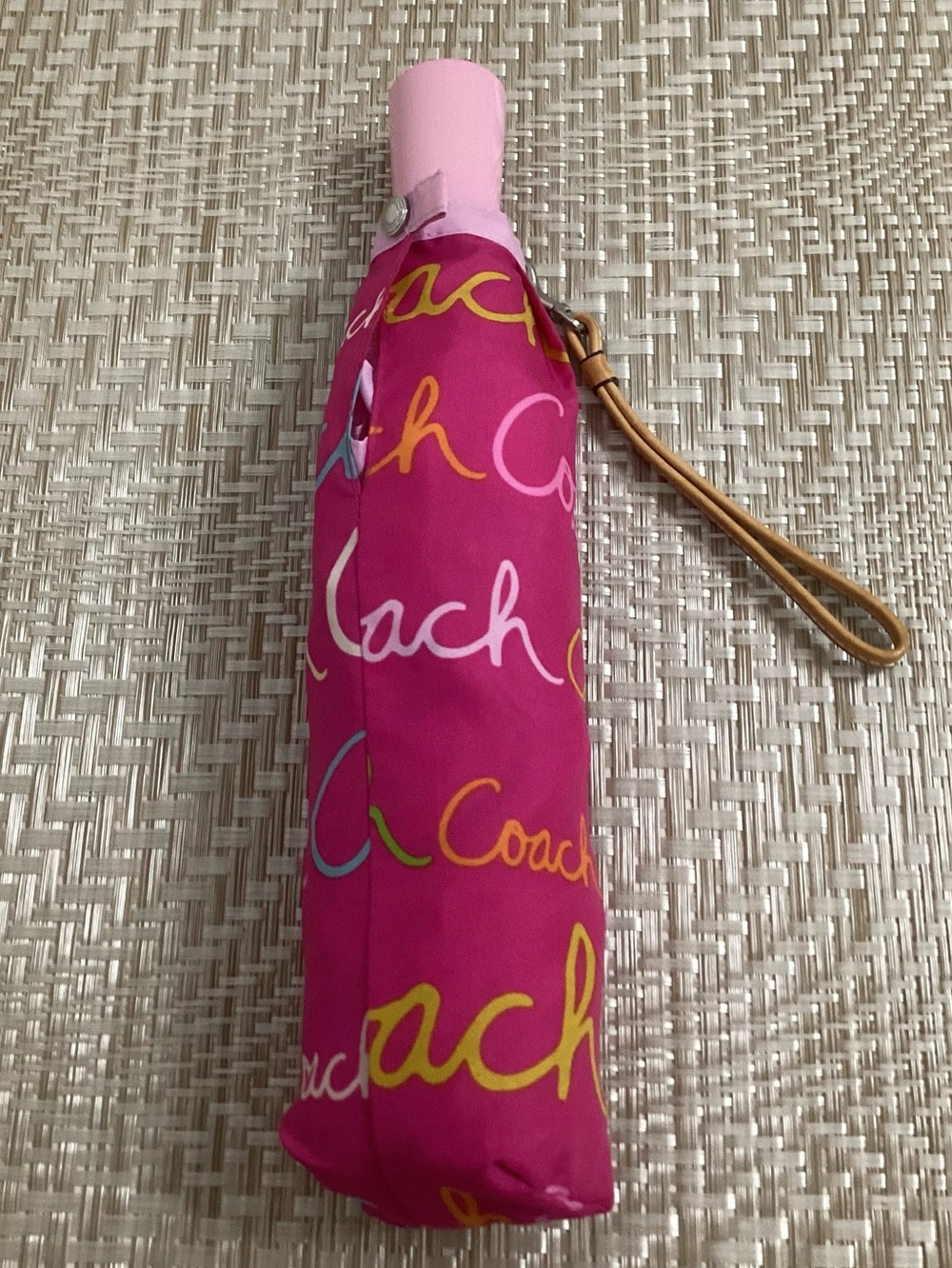 “Vintage” Coach Hot Pink Script Logo Compact Umbrella with Tan Wrist Strap
